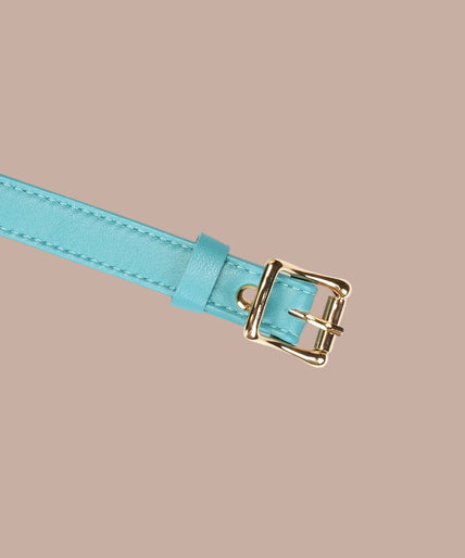 Front view of Liebe Seele Siren's Cove gag with turquoise strap and pale green perforated ball.