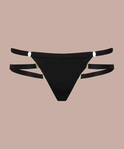 Front view of model wearing black Fatale thong with three side straps and matching triangle bra.