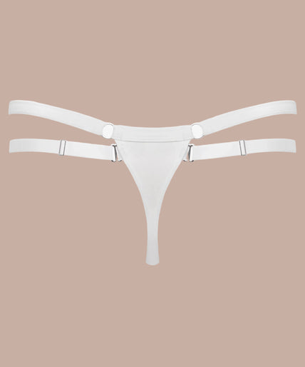 Model wearing white Fatale bottoms and matching triangle bra, holding one hip strap, front view.