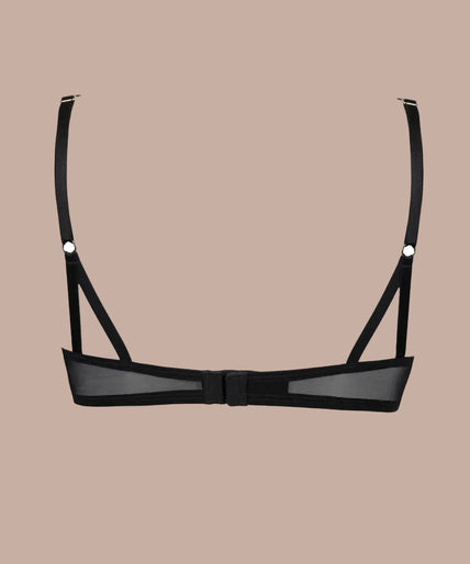 Model wearing the Atelier Amour Fleur Défendue black embroidered half cup Bra and matching thong.