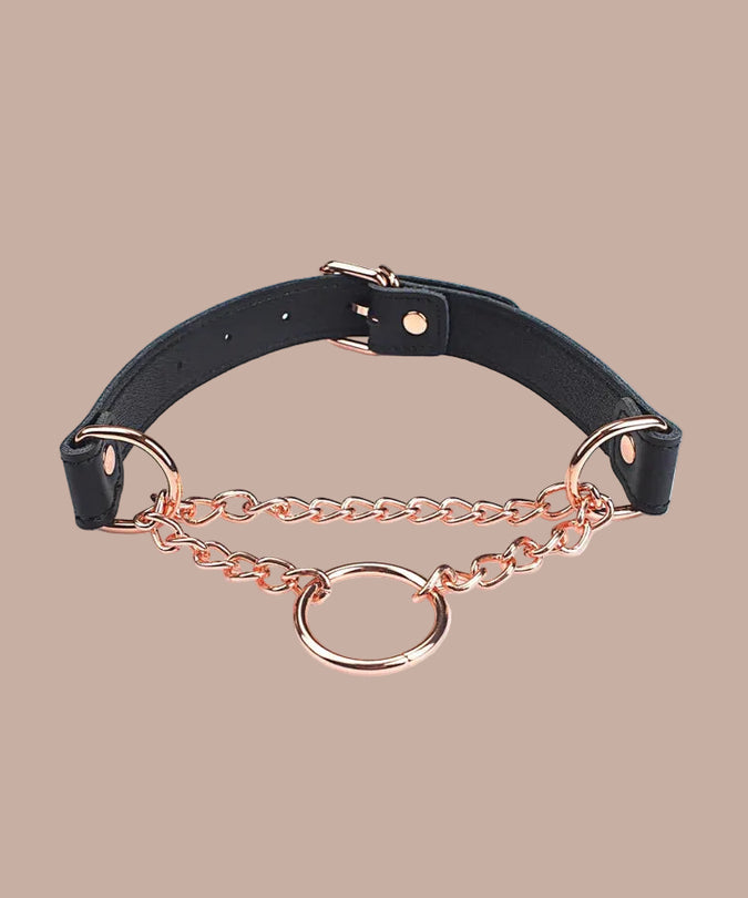 Liefdevolle Ziel Leren Halsband met Roségouden Ketting en Ringen – Zwart