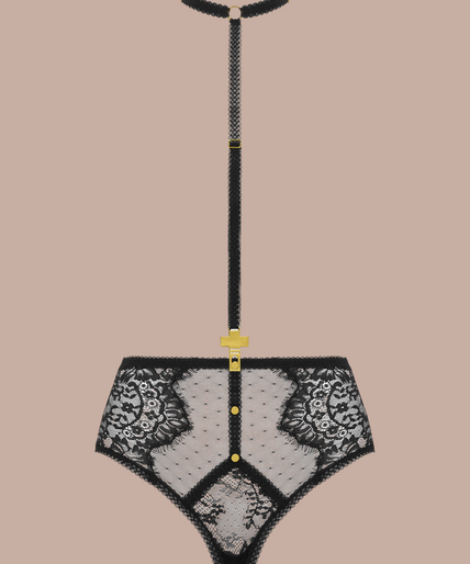 Inspiration Divine black High-Waisted Cross Panty with sheer lace, mesh and harness straps, front view on model.
