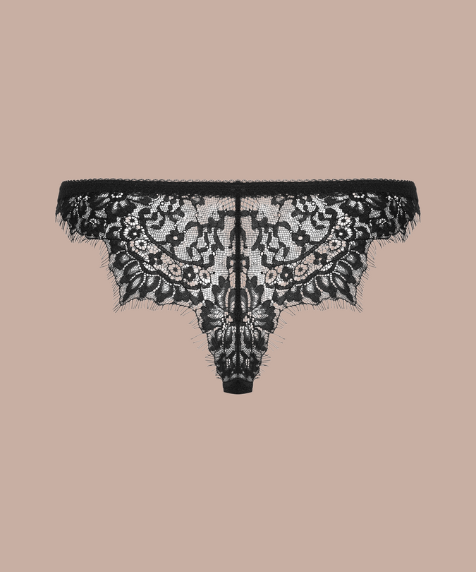 Inspiration Divine black Panty with a scalloped floral lace back, rear product view.