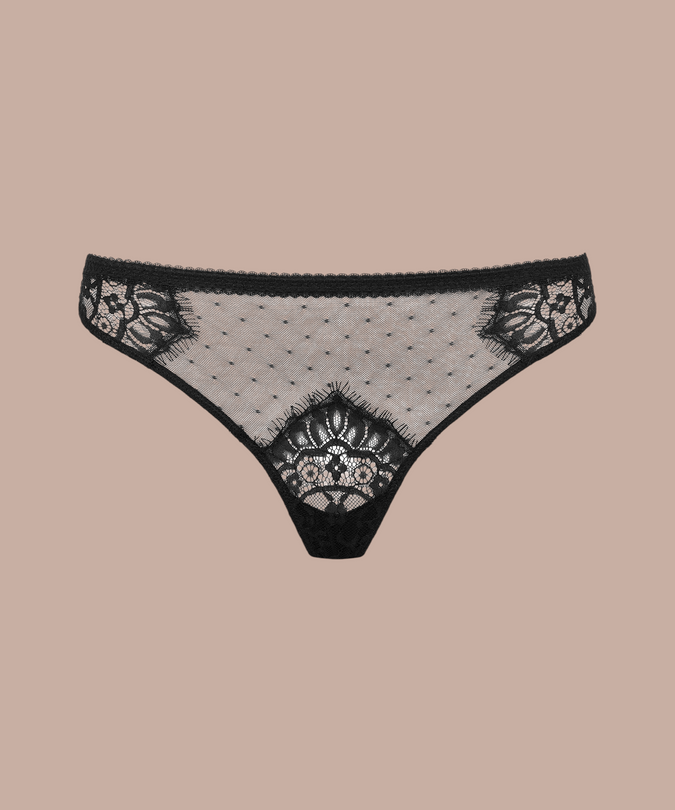Inspiration Divine black Panty with dotted mesh and floral lace panels, front product view.