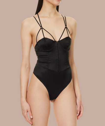 Pleasurements Coco de Mer zwarte zijden Sylph bodysuit met sweetheart halslijn en gestructureerde bandjes