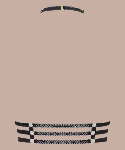Inspiration Divine black Cross Bustier Harness with gold-tone cross detail, front view on model.