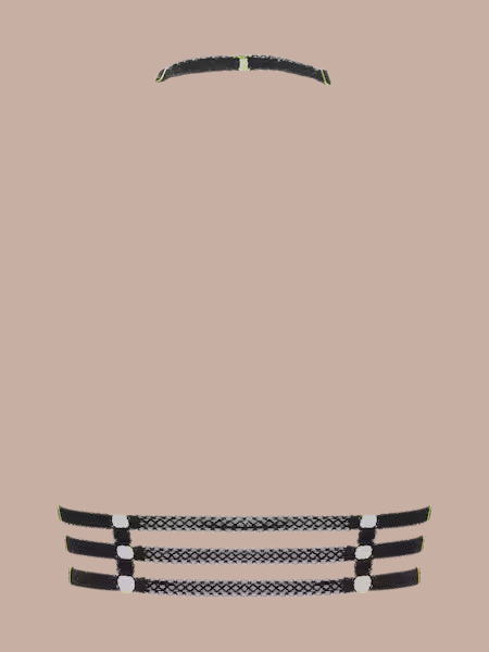 Inspiration Divine black Cross Bustier Harness with a neck strap and three lace bands, rear product view.