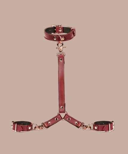 Liebe Seele Leder Halsband- und Handgelenksfessel-Geschirr-Set – Weinrot