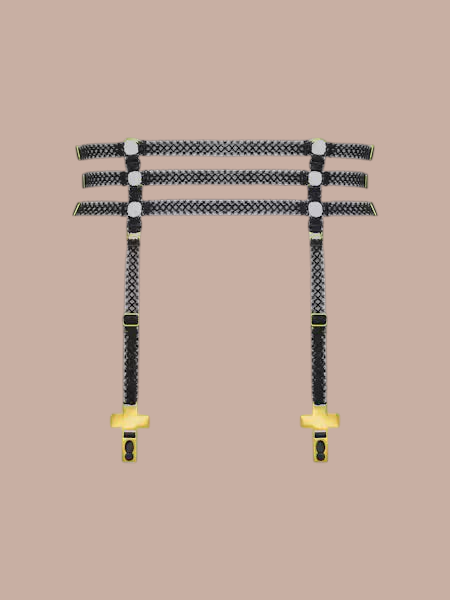 Inspiration Divine black Cross Garters Belt, product view with hanging straps and gold-tone cross clips.