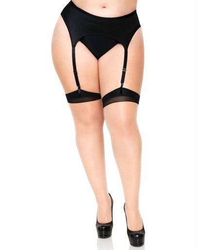 Leg Avenue – Plus Lycra transparente 2-Ton Oberschenkelstrümpfe mit Naht und kubanischem Absatz