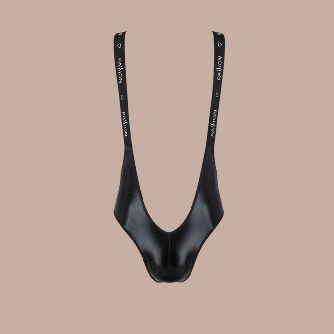Pleasurements Passion 027 Body Bruno zwarte heren bodysuit met merklogo op de schouderbanden