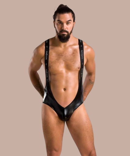 Pleasurements Passion 027 Body Bruno zwarte heren bodysuit met bretels en glanzende afwerking