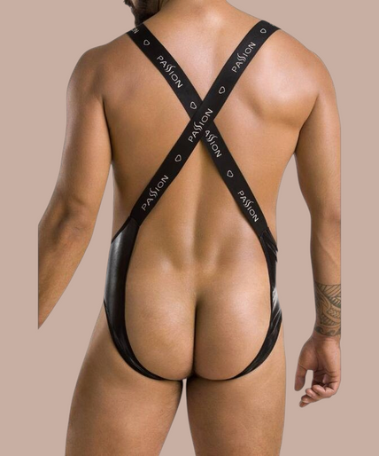 Pleasurements Passion 027 Body Bruno zwarte heren bodysuit met bretels en glanzende afwerking