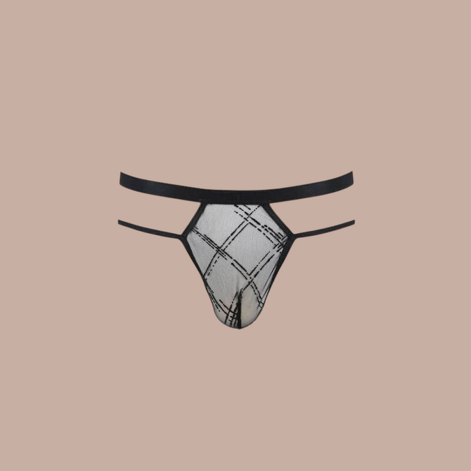 Pleasurements Passion 029 Collin herenstring in zwart met een transparant ruitpatroon en minimalistische bandjes