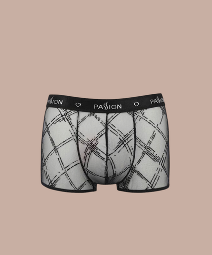 Pleasurements Passion 032 Shorts James in zwart met een transparant ruitpatroon en elastische tailleband.