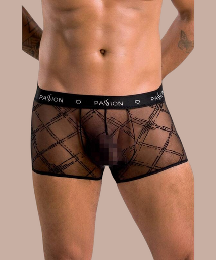 Pleasurements Passion 032 Shorts James in zwart met een transparant ruitpatroon en elastische tailleband.