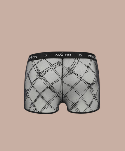 Pleasurements Passion 032 Shorts James in zwart met een transparant ruitpatroon en elastische tailleband.