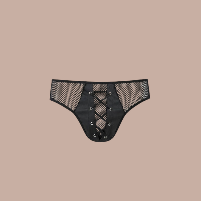 Pleasurements Passion zwarte herenslip met vetersluiting en mesh details voor een verleidelijke look