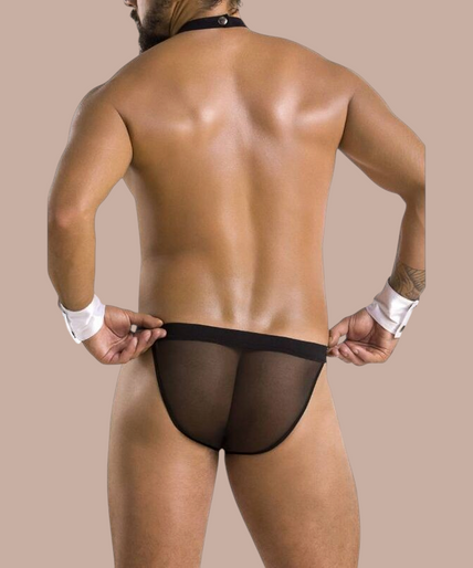Pleasurements Passion 036 Slip Alfrojo zwarte herenslip met witte accenten, strikje en manchetten voor een sensuele look