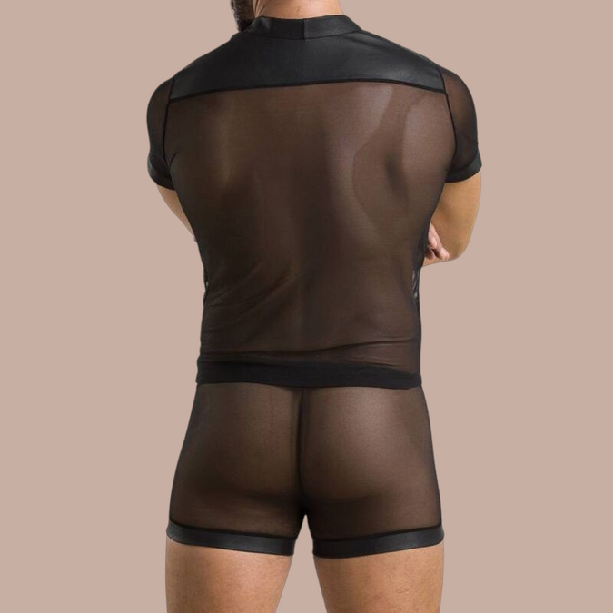 Pleasurements Passion 052 Set Michael zwarte herenondergoedset van transparante mesh met korte mouwen en boxershort
