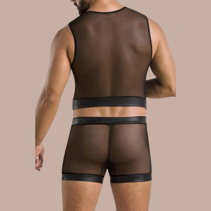 Pleasurements Passion William zwarte herenondergoedset met transparante mesh top en bijpassende boxershort