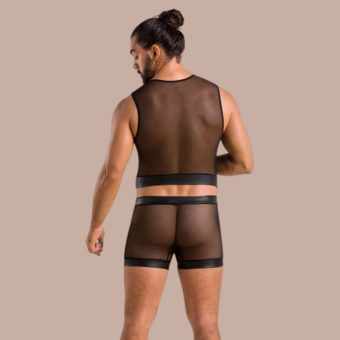 Pleasurements Passion 053 Set William zwart herenondergoed set van transparante mesh met zwarte boorden, rugaanzicht