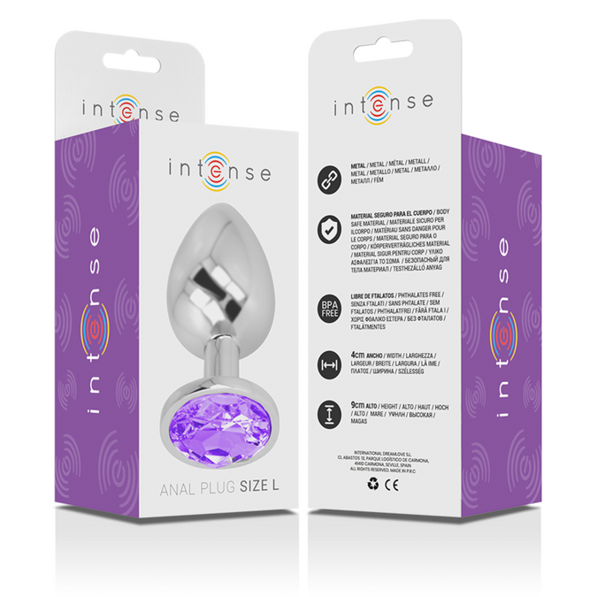 Intense – Aluminium metalen anale plug met violette kristal maat L