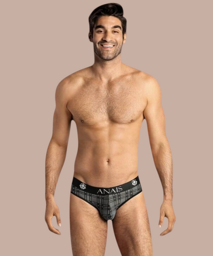 Pleasurements Anais Men Balance slip in grijs met ruitpatroon en elastische tailleband gedragen door een model