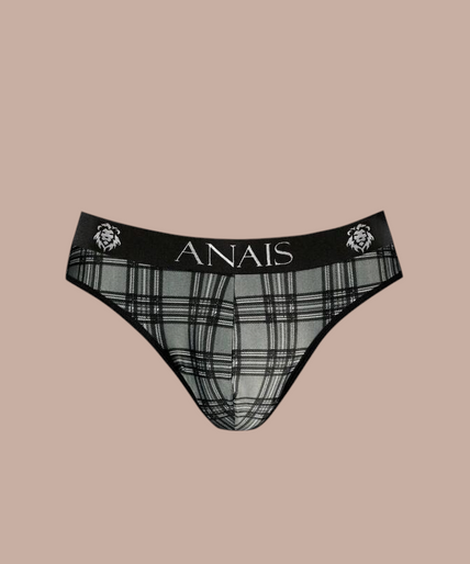 Pleasurements Anais Men Balance slip in grijs met ruitpatroon en elastische tailleband gedragen door een model