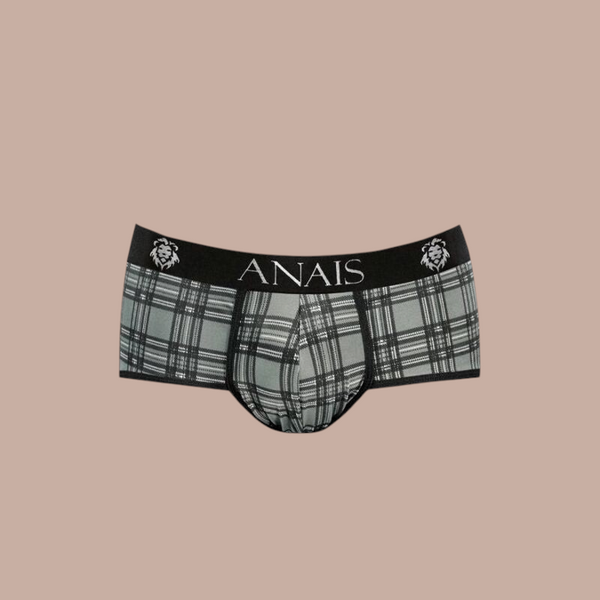 Pleasurements Anais Men Balance Brief met grijs ruitpatroon en zwarte tailleband met merklogo
