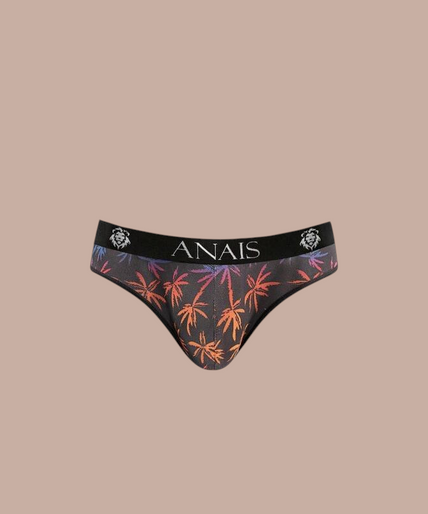 Pleasurements Anais Men Chill Slip met tropische print en zwarte tailleband gedragen door een model