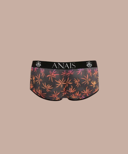 Pleasurements Anais Men Chill boxer brief met kleurrijk bladmotief en elastische tailleband gedragen door een model.