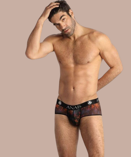 Pleasurements Anais Men Chill boxer brief met kleurrijk bladmotief en elastische tailleband gedragen door een model.