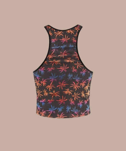 Pleasurements Anais Men Chill Top in doorschijnende stof met kleurrijk bladmotief en zwarte bies