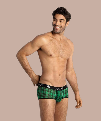 Pleasurements Anais Men Magic Brief in groen met zwart ruitpatroon en elastische tailleband met merklogo
