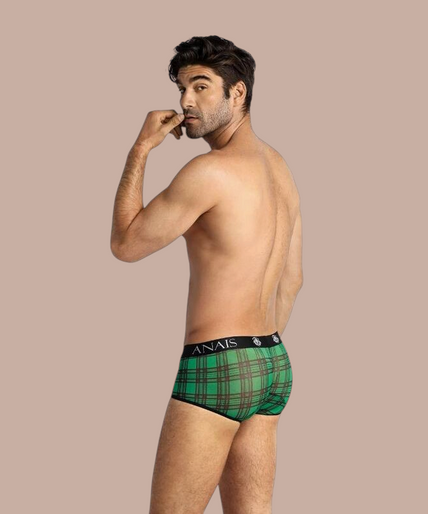 Pleasurements Anais Men Magic Brief in groen met zwart ruitpatroon en elastische tailleband met merklogo
