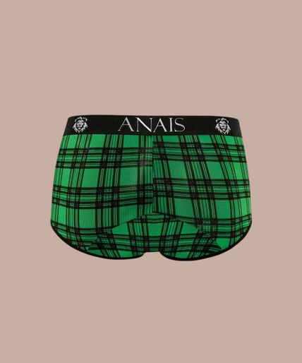 Pleasurements Anais Men Magic Brief in groen met zwart ruitpatroon en elastische tailleband met merklogo