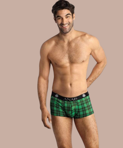 Pleasurements Anais Men Magic Boxer in groen met zwart ruitpatroon en elastische tailleband met merklogo