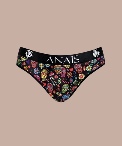 Pleasurements Anais Men Mexico slip met kleurrijke schedelprint en zwarte tailleband gedragen door een model