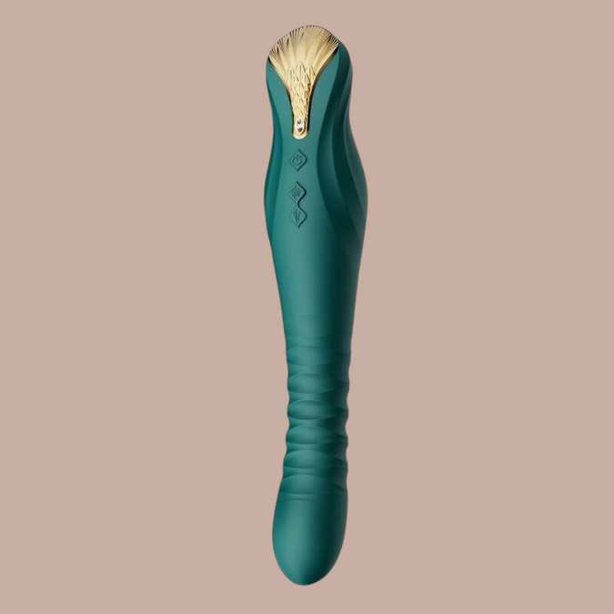 Pleasurements Zalo King Thruster in groen siliconen met elegante gouden accenten en PowerThrust technologie.