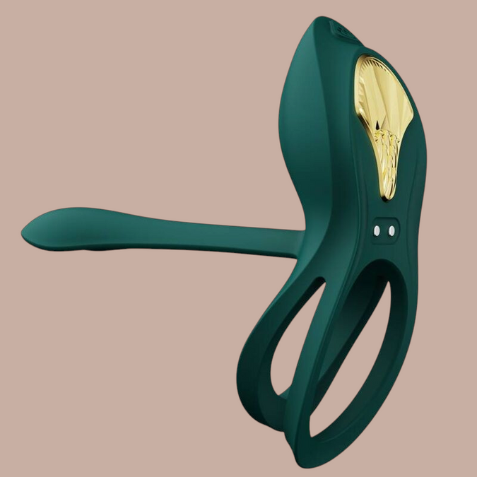 Pleasurements Zalo Bayek vibrerende koppelring in groen siliconen met gouden accenten en ergonomisch ontwerp