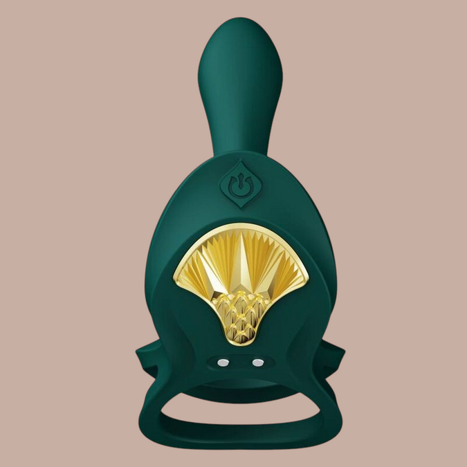 Pleasurements Zalo Bayek vibrerende koppelring in groen siliconen met gouden details en ergonomisch ontwerp.