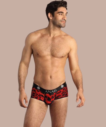 Pleasurements Anais Men Savage brief in rood met zwart luipaardpatroon en elastische tailleband met merklogo