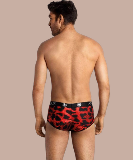 Pleasurements Anais Men Savage brief in rood met zwart luipaardpatroon en elastische tailleband met merklogo