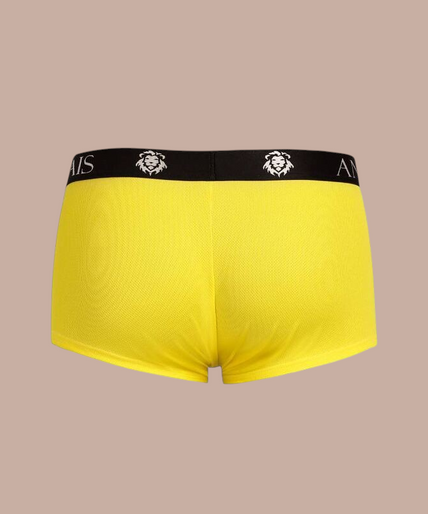 Model draagt gele Anais Men Tokio Boxer S met zwarte tailleband van Pleasurements