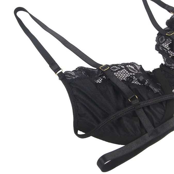 Subblime – 3-teiliges Set BH + String + Spitzen Strumpfhalter Schwarz S/m