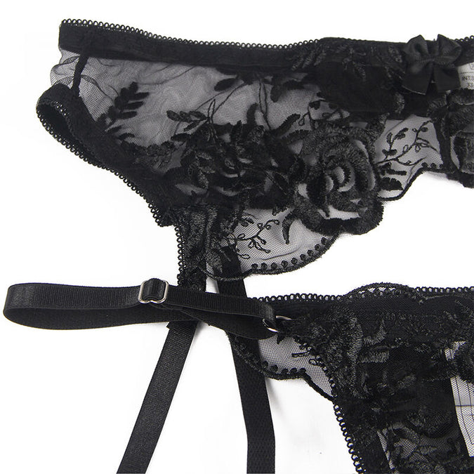 Subblime – 3-teiliges Set BH + Tanga + Strapshalter Blumenmuster Schwarz S/m