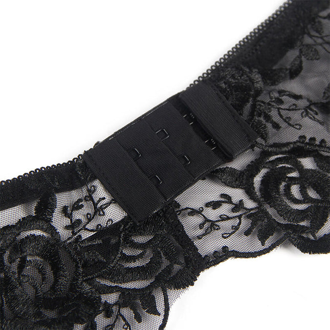 Subblime – 3-teiliges Set BH + Tanga + Strapshalter Blumenmuster Schwarz S/m