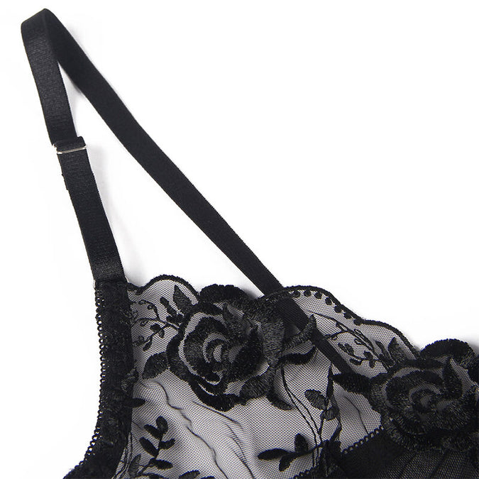 Subblime – 3-teiliges Set BH + Tanga + Strapshalter Blumenmuster Schwarz S/m