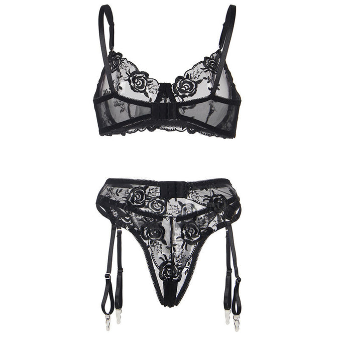 Subblime – 3-teiliges Set BH + Tanga + Strapshalter Blumenmuster Schwarz S/m